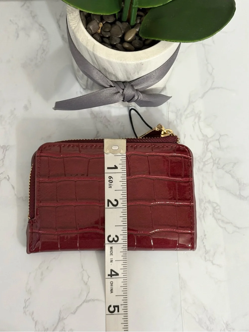 MANGO Burgundy Croc-Effect Small Credit Card/Coin Zipper Wallet